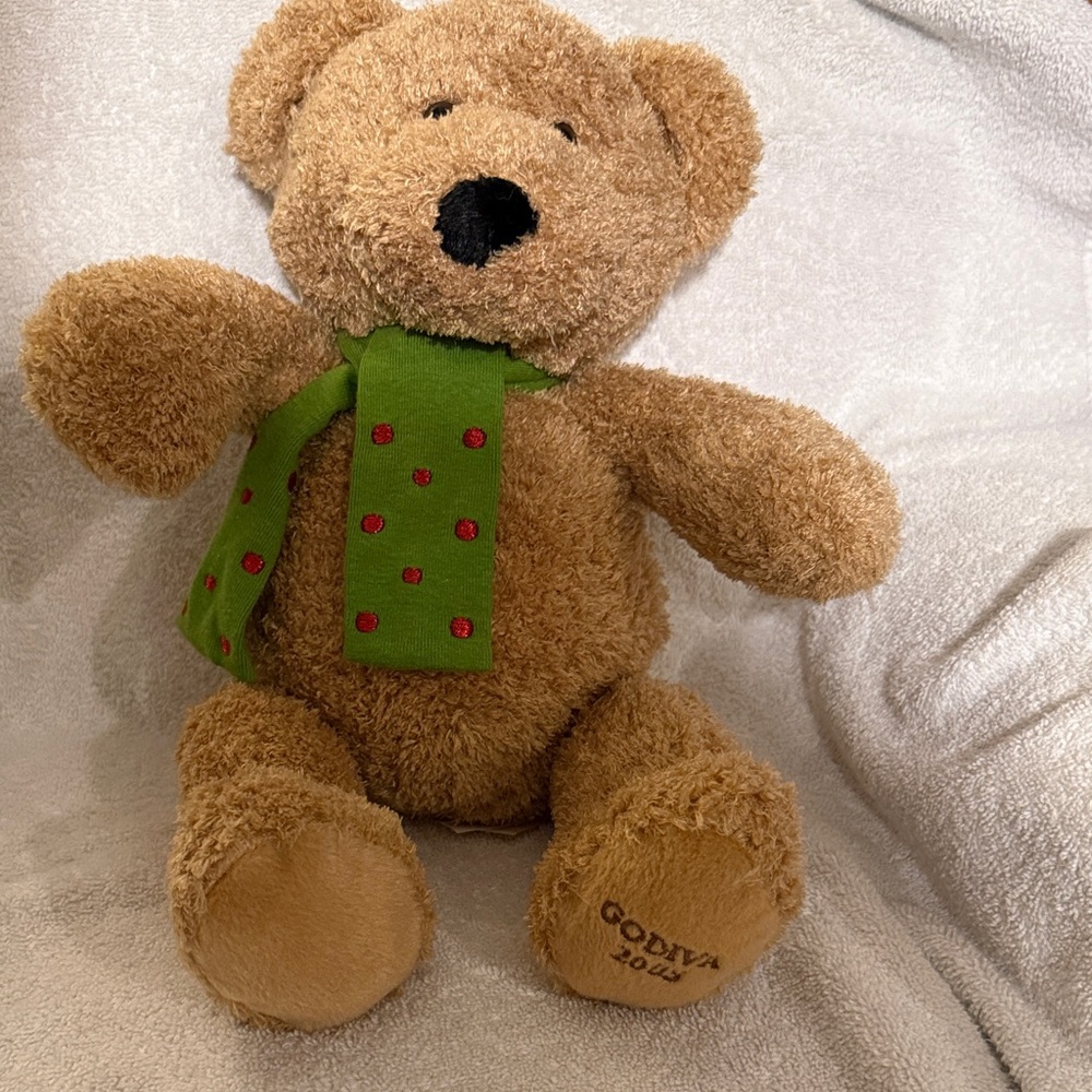 Vintage Godiva Plush Bear 2005 with Green Polka Dot Scarf